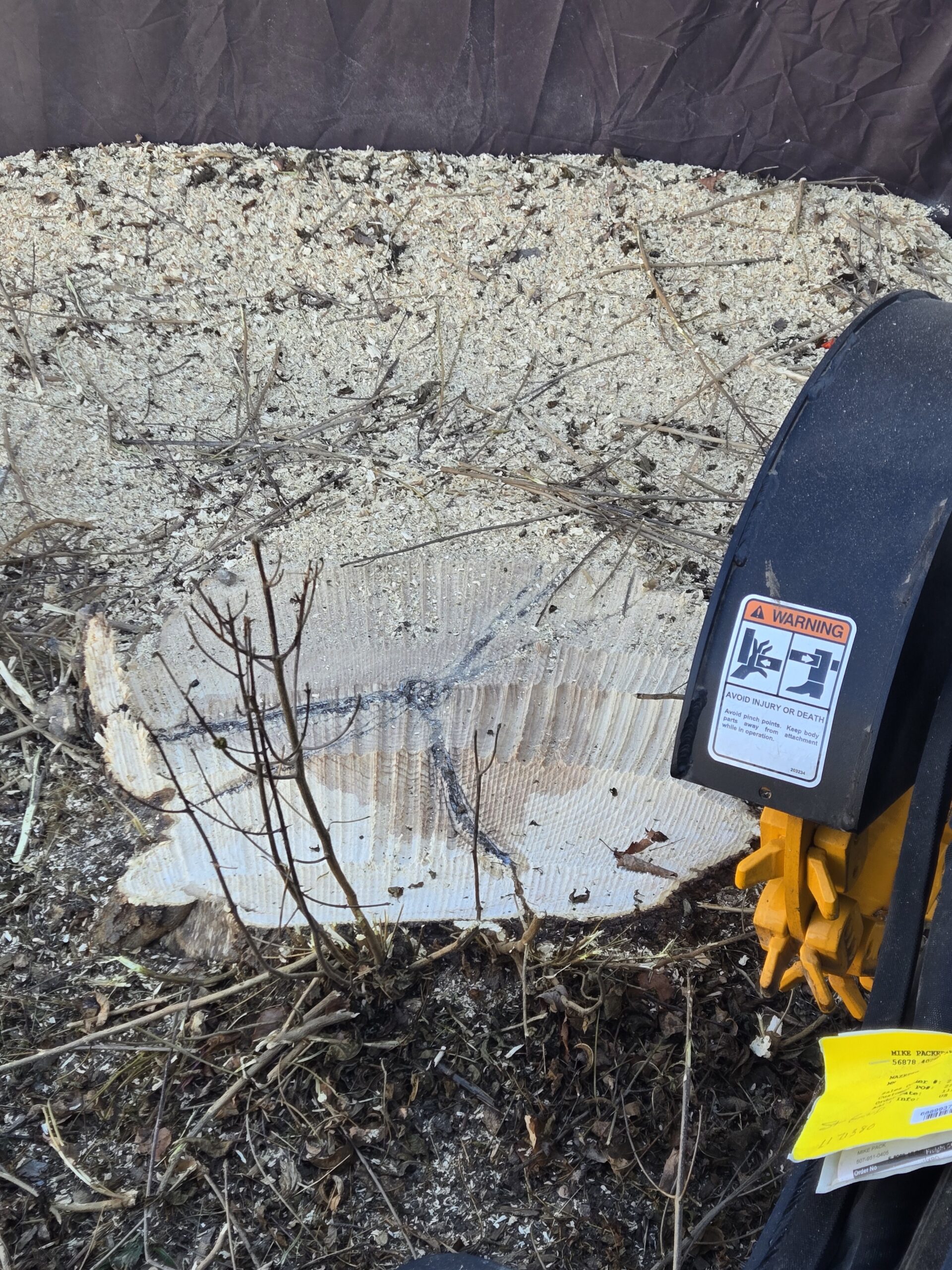 A log covered in wood shavings, with a wood chipper's warning label visible.